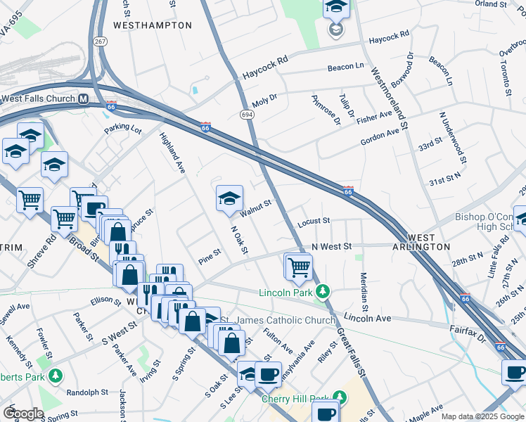 map of restaurants, bars, coffee shops, grocery stores, and more near 6719 Walnut Street in Falls Church