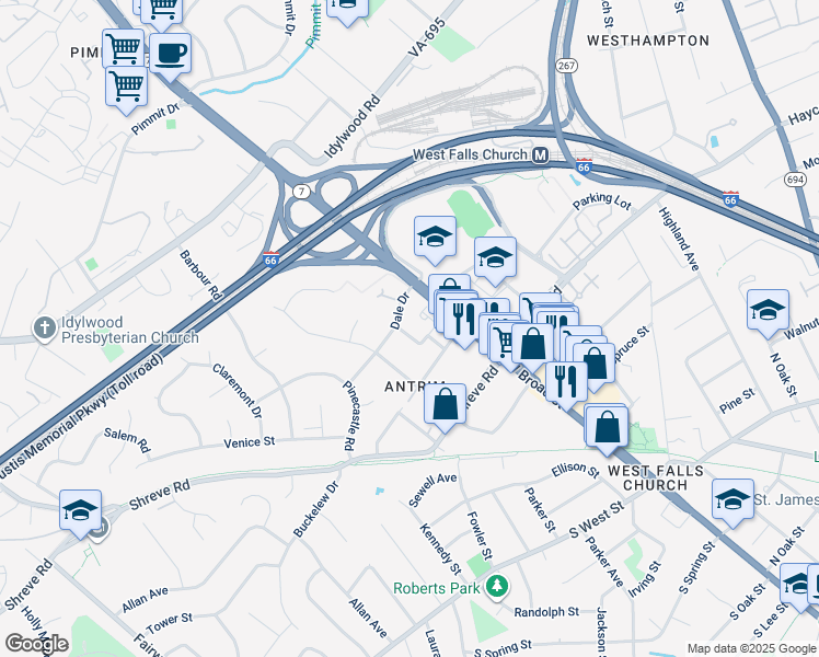 map of restaurants, bars, coffee shops, grocery stores, and more near 7240 Magpie Lane in Falls Church