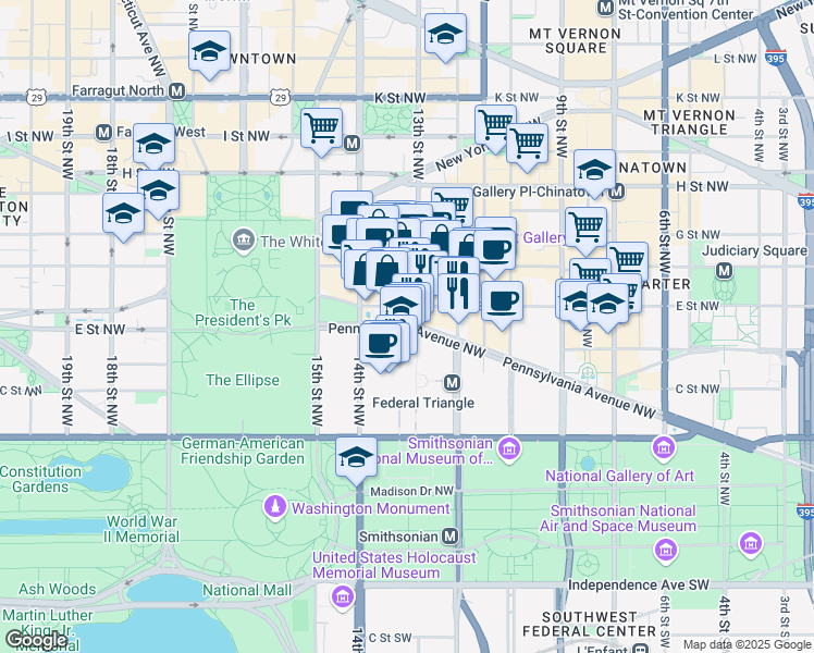 map of restaurants, bars, coffee shops, grocery stores, and more near 1300 Pennsylvania Avenue Northwest in Washington
