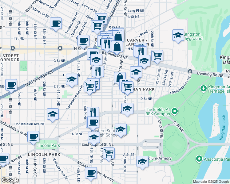 map of restaurants, bars, coffee shops, grocery stores, and more near 411 17th Street Northeast in Washington