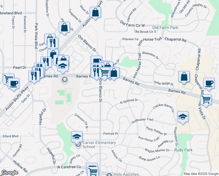 map of restaurants, bars, coffee shops, grocery stores, and more near 4340 Sammers View in Colorado Springs