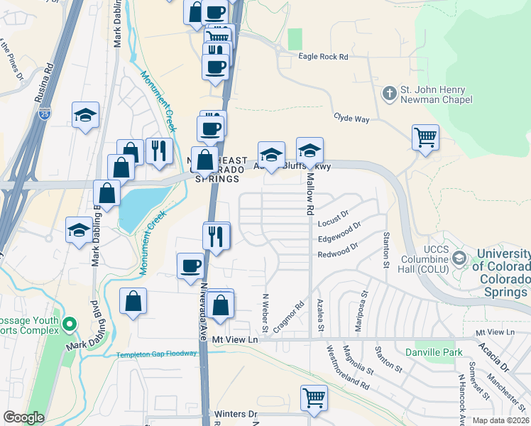 map of restaurants, bars, coffee shops, grocery stores, and more near 4600 North Weber Street in Colorado Springs