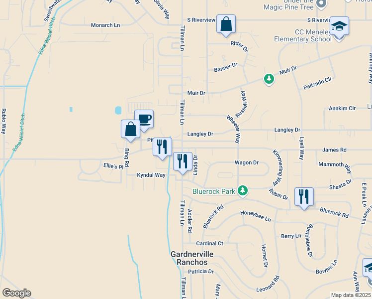 map of restaurants, bars, coffee shops, grocery stores, and more near 783 Tillman Lane in Gardnerville