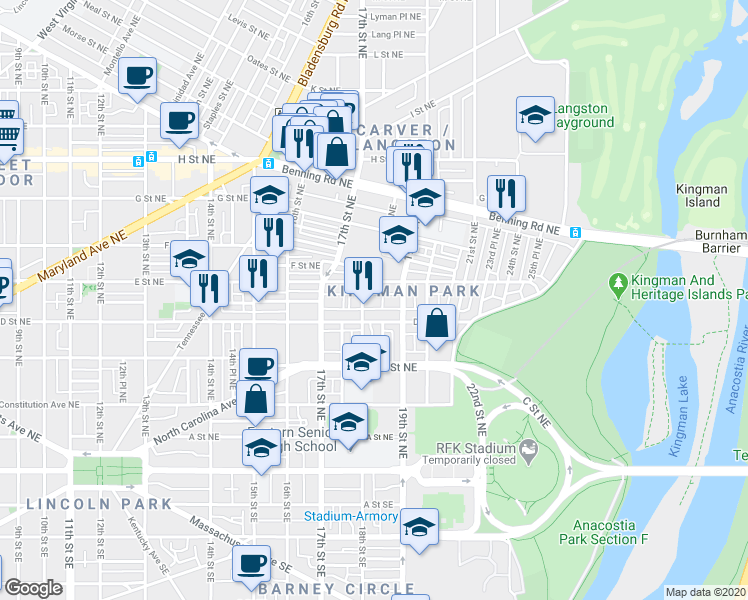 map of restaurants, bars, coffee shops, grocery stores, and more near 101 Independence Avenue Southeast in Washington