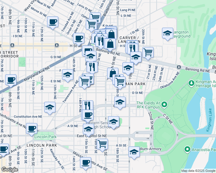 map of restaurants, bars, coffee shops, grocery stores, and more near 411 17th Street Northeast in Washington