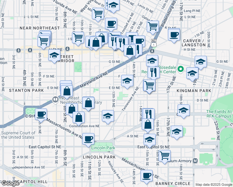map of restaurants, bars, coffee shops, grocery stores, and more near 101 Independence Avenue Southeast in Washington