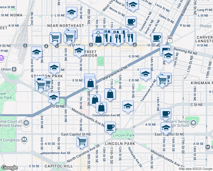 map of restaurants, bars, coffee shops, grocery stores, and more near 101 Independence Avenue Southeast in Washington