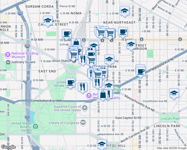 map of restaurants, bars, coffee shops, grocery stores, and more near 101 Independence Avenue Southeast in Washington