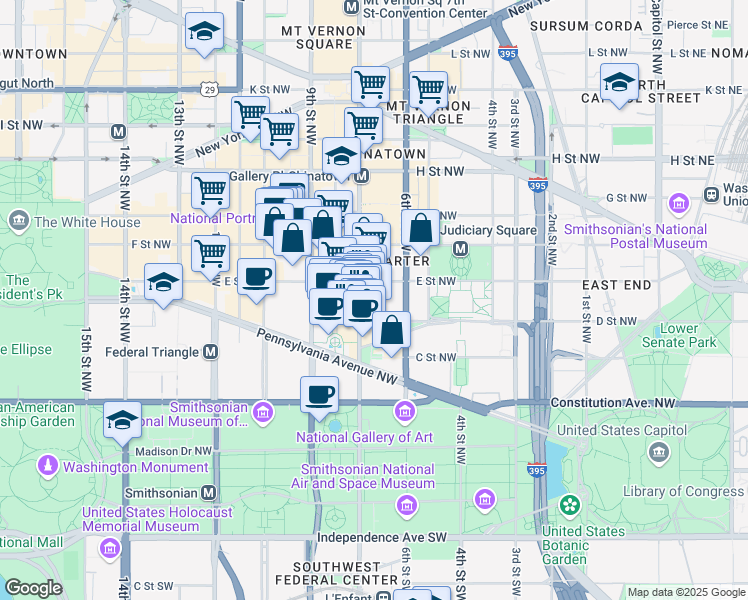 map of restaurants, bars, coffee shops, grocery stores, and more near 616 E Street Northwest in Washington