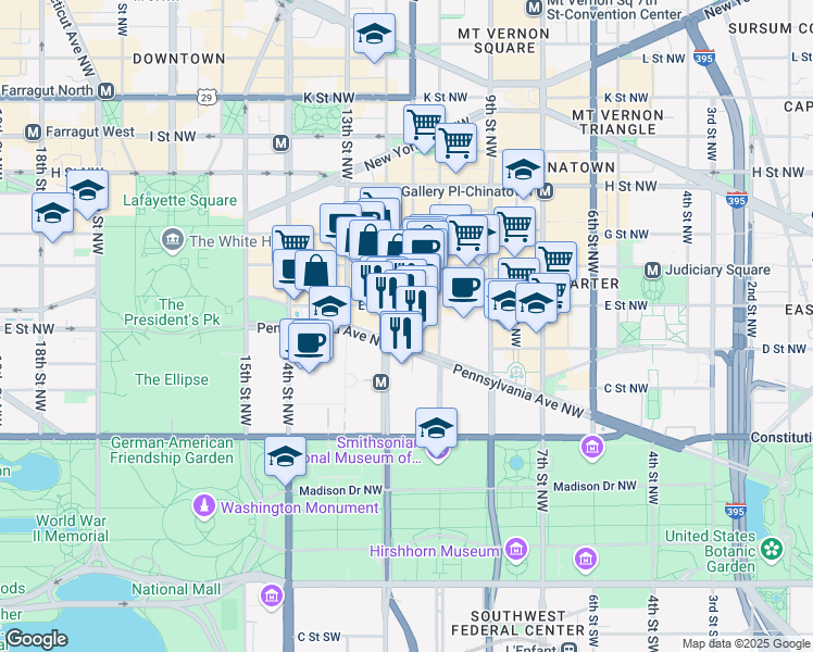 map of restaurants, bars, coffee shops, grocery stores, and more near 1101 Pennsylvania Avenue Northwest in Washington