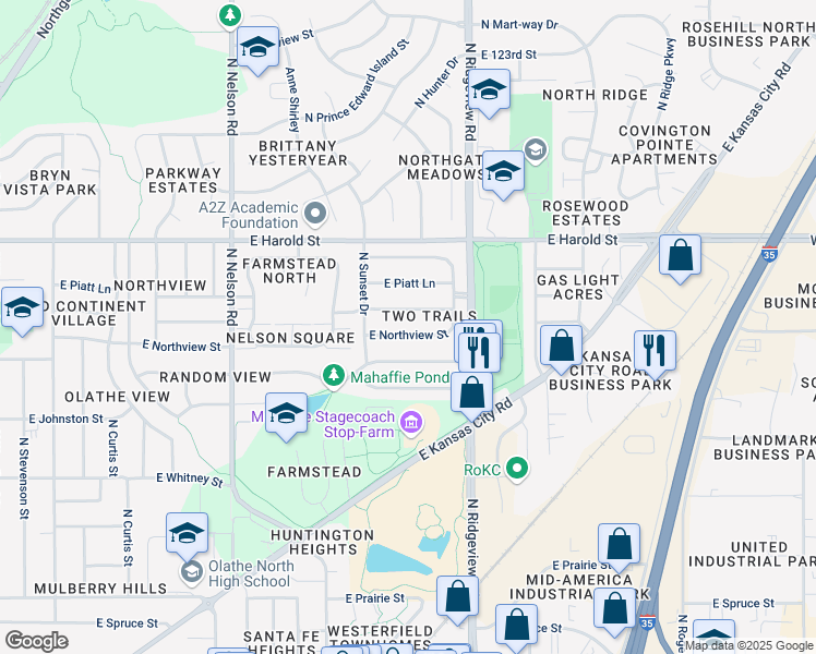 map of restaurants, bars, coffee shops, grocery stores, and more near 1101 East Northview Street in Olathe