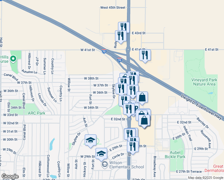 map of restaurants, bars, coffee shops, grocery stores, and more near 3501 Vine Street in Hays