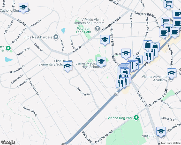 map of restaurants, bars, coffee shops, grocery stores, and more near 2422 Glengyle Drive in Vienna