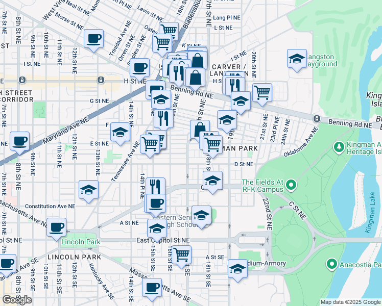 map of restaurants, bars, coffee shops, grocery stores, and more near 411 17th Street Northeast in Washington