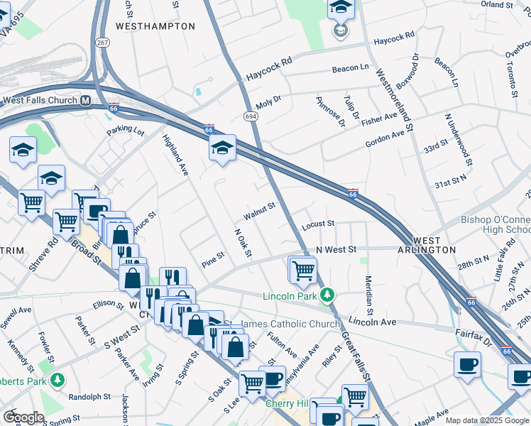 map of restaurants, bars, coffee shops, grocery stores, and more near 6719 Walnut Street in Falls Church
