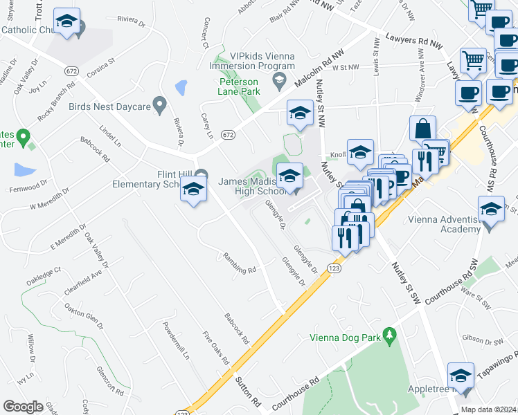 map of restaurants, bars, coffee shops, grocery stores, and more near 2404 Glengyle Drive in Vienna