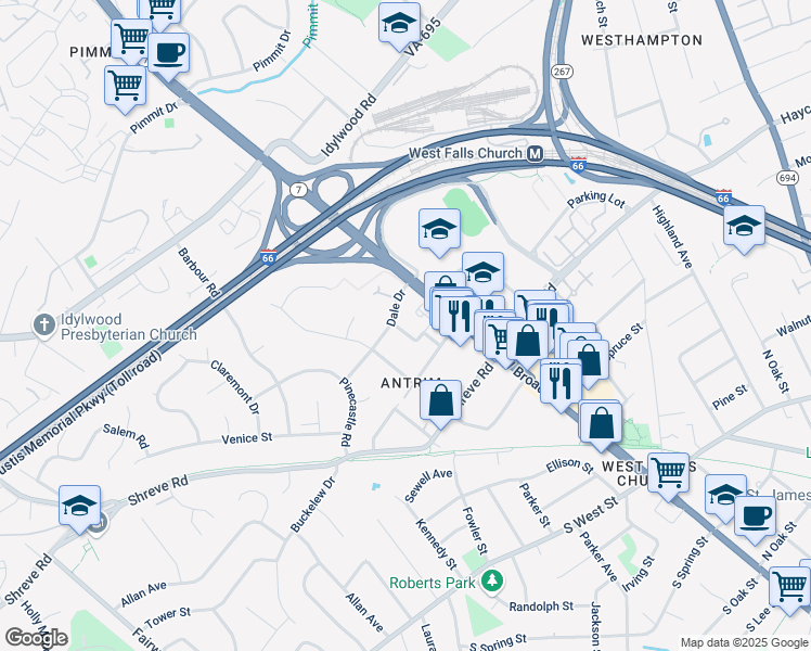 map of restaurants, bars, coffee shops, grocery stores, and more near 7240 Magpie Lane in Falls Church