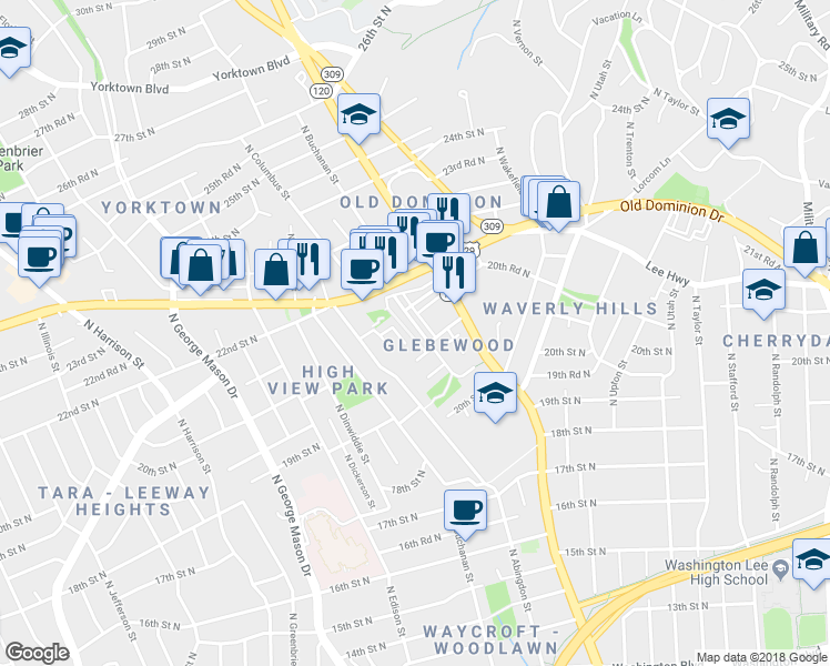 map of restaurants, bars, coffee shops, grocery stores, and more near 2122 North Brandywine Street in Arlington