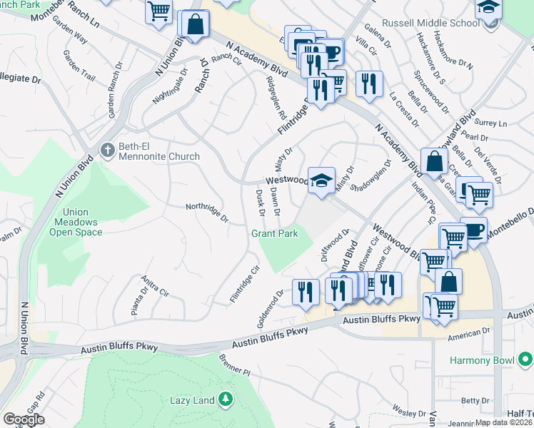 map of restaurants, bars, coffee shops, grocery stores, and more near 2820 Shadowglen Drive in Colorado Springs