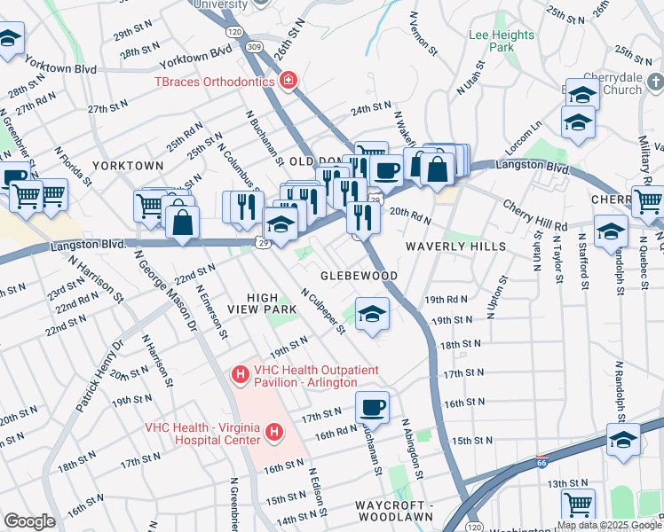 map of restaurants, bars, coffee shops, grocery stores, and more near 2122 North Brandywine Street in Arlington