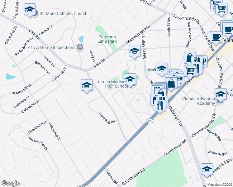 map of restaurants, bars, coffee shops, grocery stores, and more near 2400 Glengyle Drive in Vienna
