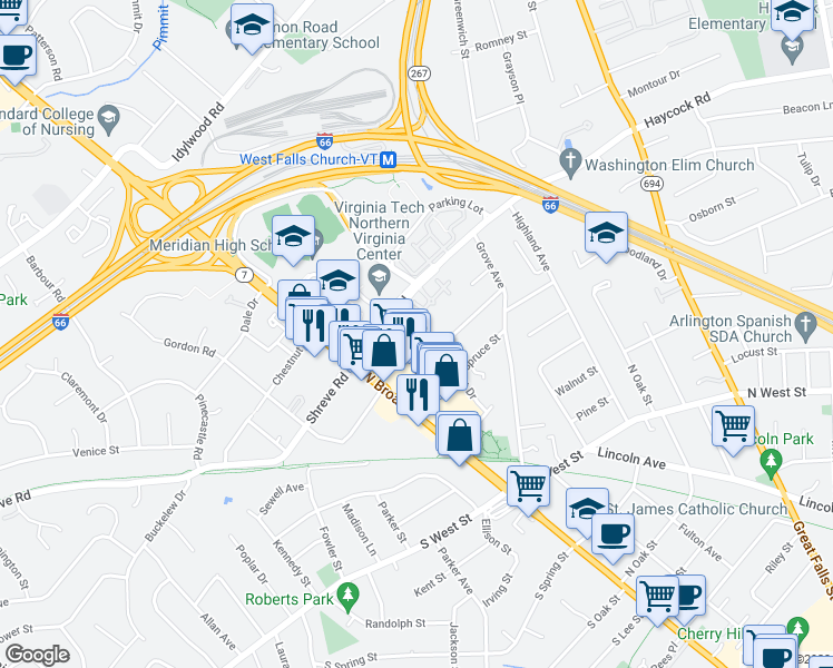 map of restaurants, bars, coffee shops, grocery stores, and more near 138 Birch Street in Falls Church