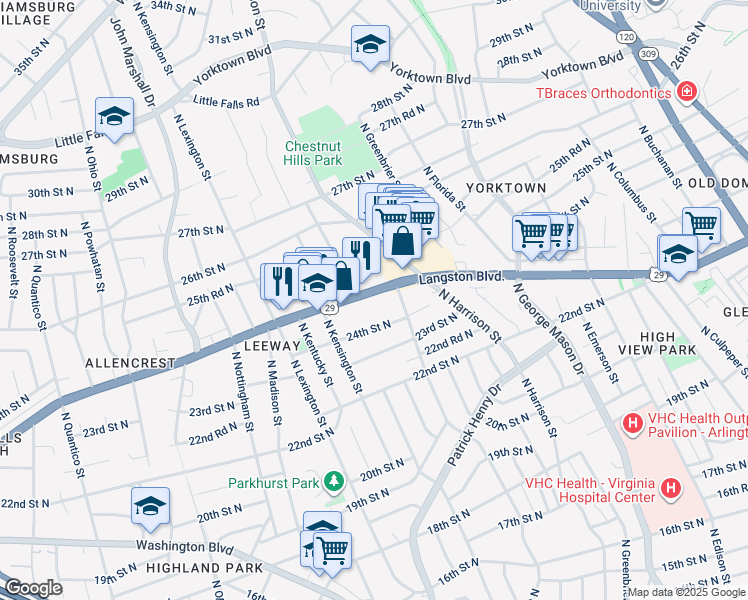 map of restaurants, bars, coffee shops, grocery stores, and more near 5530 Langston Boulevard in Arlington