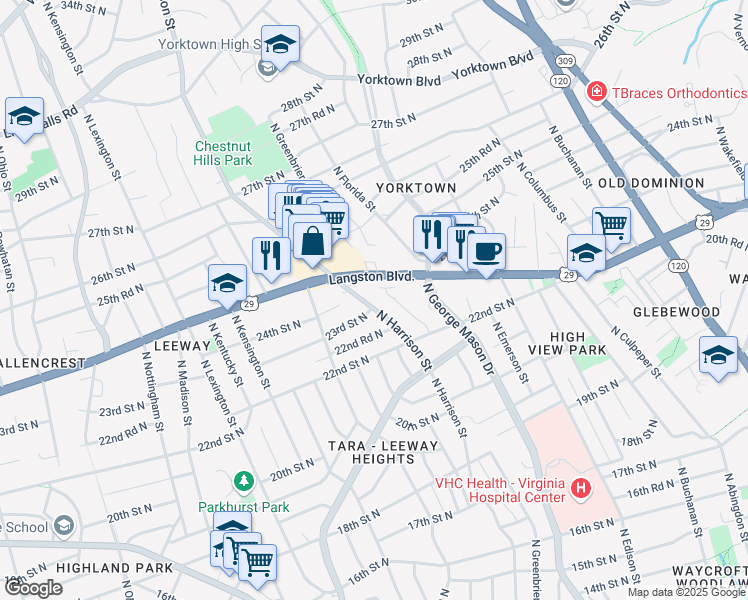 map of restaurants, bars, coffee shops, grocery stores, and more near 2241 North Harrison Street in Arlington