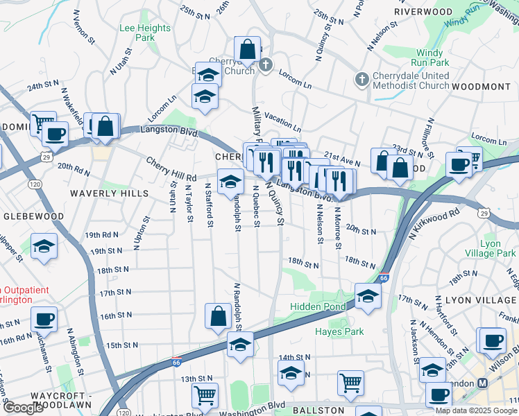 map of restaurants, bars, coffee shops, grocery stores, and more near 4027 20th Road North in Arlington