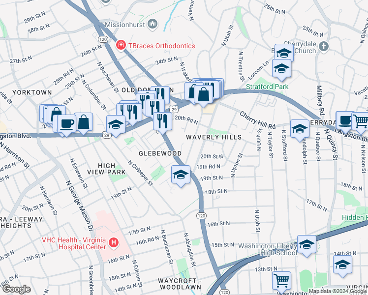 map of restaurants, bars, coffee shops, grocery stores, and more near 1927 North Woodley Street in Arlington