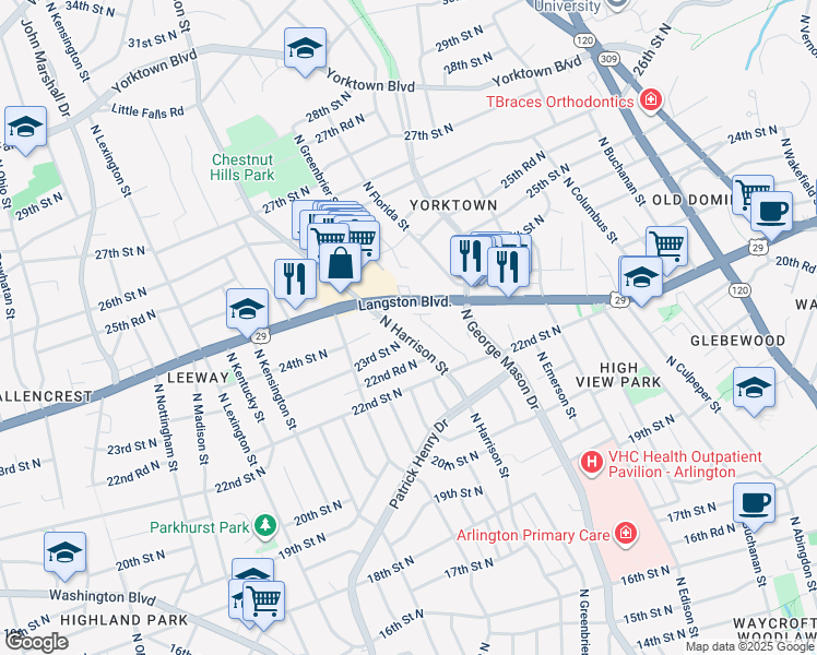 map of restaurants, bars, coffee shops, grocery stores, and more near 2241 North Harrison Street in Arlington