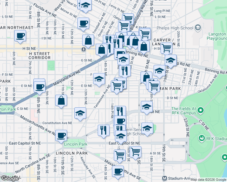 map of restaurants, bars, coffee shops, grocery stores, and more near 101 Independence Avenue Southeast in Washington