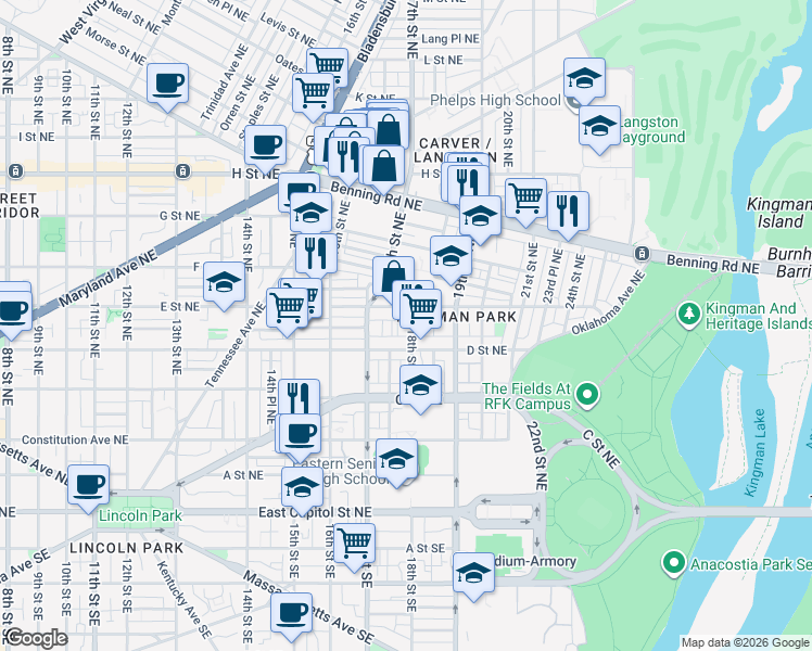 map of restaurants, bars, coffee shops, grocery stores, and more near 101 Independence Avenue Southeast in Washington