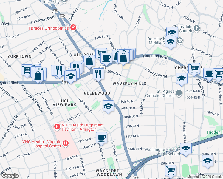 map of restaurants, bars, coffee shops, grocery stores, and more near 1927 North Woodley Street in Arlington