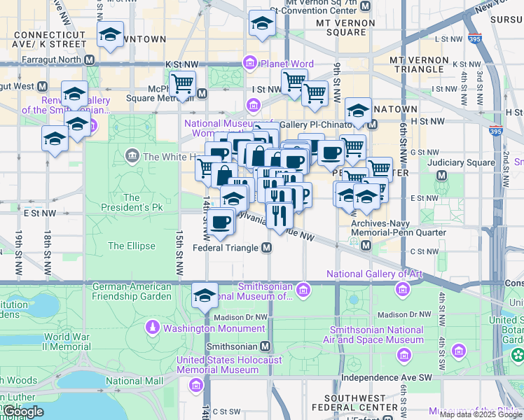 map of restaurants, bars, coffee shops, grocery stores, and more near 1201 Pennsylvania Avenue Northwest in Washington