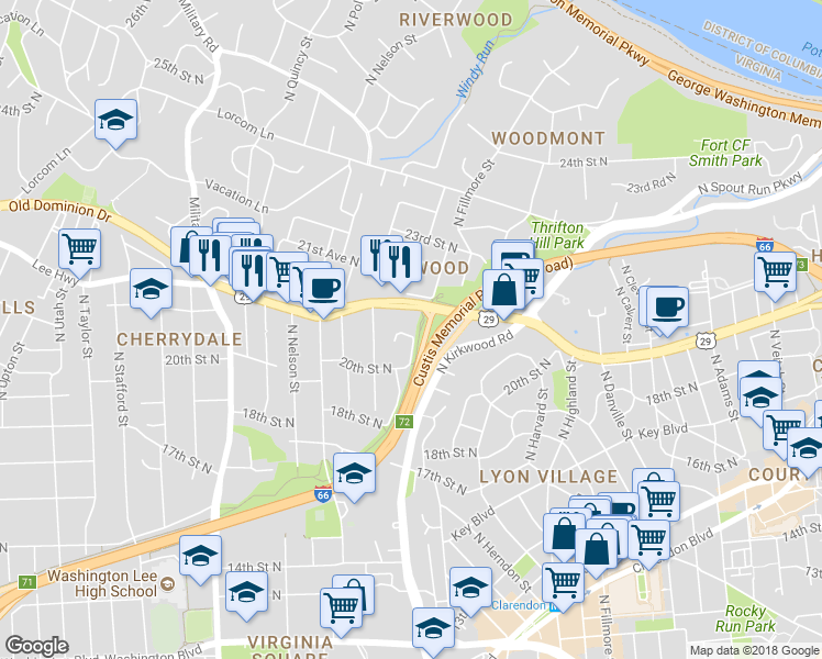map of restaurants, bars, coffee shops, grocery stores, and more near 3219 20th Road North in Arlington
