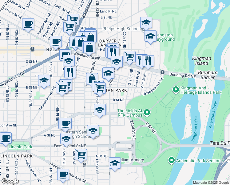 map of restaurants, bars, coffee shops, grocery stores, and more near 428 20th Street Northeast in Washington