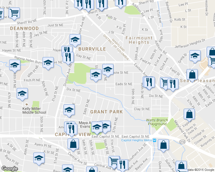map of restaurants, bars, coffee shops, grocery stores, and more near 5603 Eads St NE in Washington