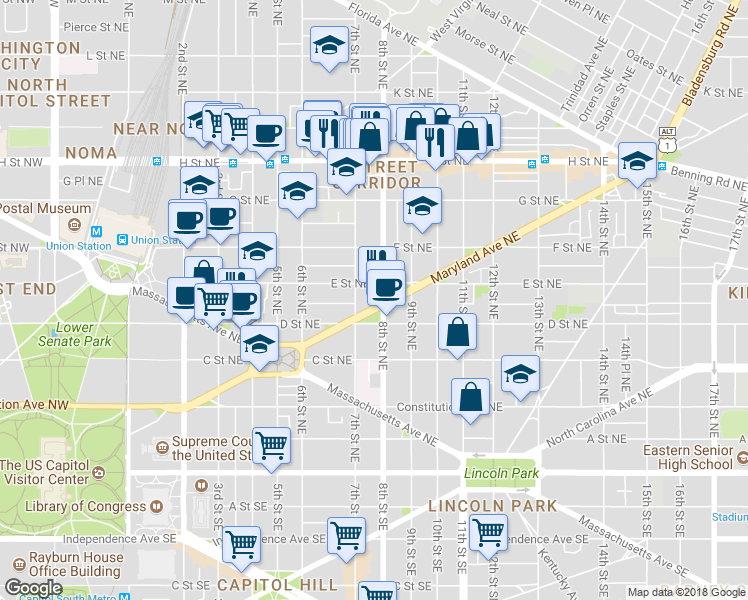 map of restaurants, bars, coffee shops, grocery stores, and more near 724 Maryland Avenue Northeast in Washington