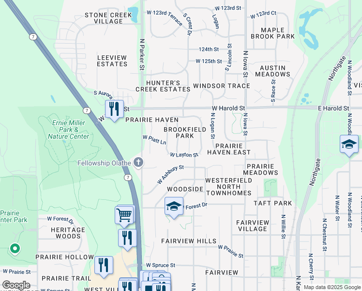 map of restaurants, bars, coffee shops, grocery stores, and more near 920 West Layton Street in Olathe