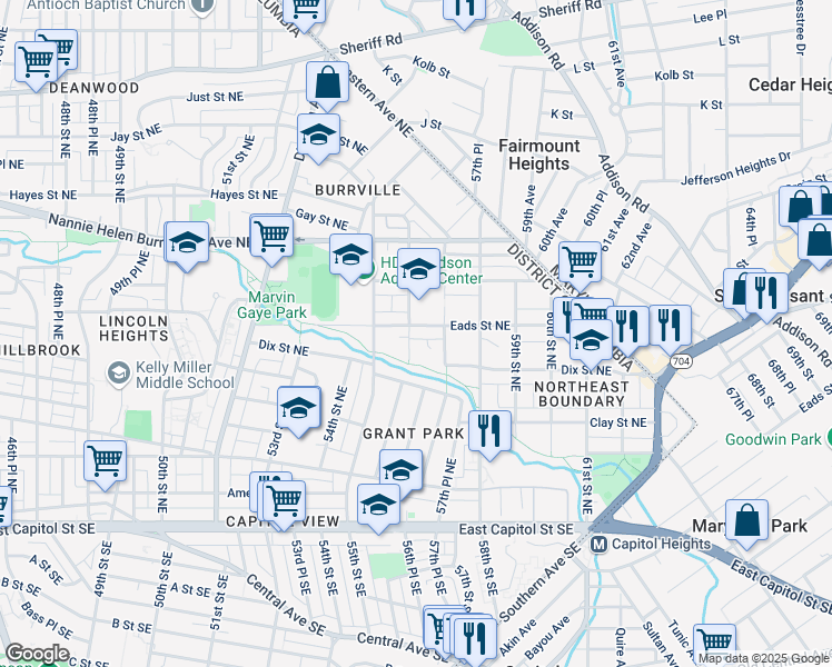 map of restaurants, bars, coffee shops, grocery stores, and more near 5603 Eads St NE in Washington