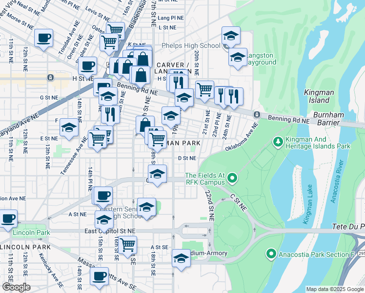 map of restaurants, bars, coffee shops, grocery stores, and more near 428 20th Street Northeast in Washington