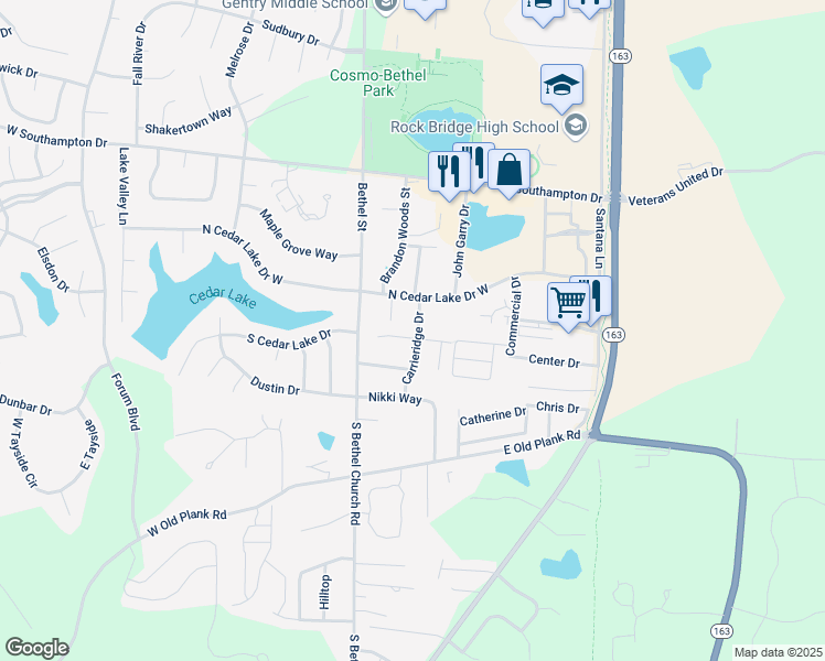 map of restaurants, bars, coffee shops, grocery stores, and more near 5001 Carrieridge Drive in Columbia