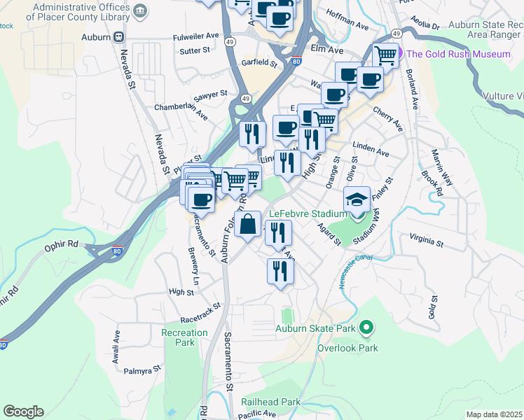map of restaurants, bars, coffee shops, grocery stores, and more near 1223 High Street in Auburn
