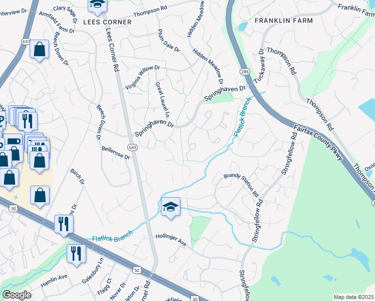 map of restaurants, bars, coffee shops, grocery stores, and more near 3630 Buckeye Court in Fairfax