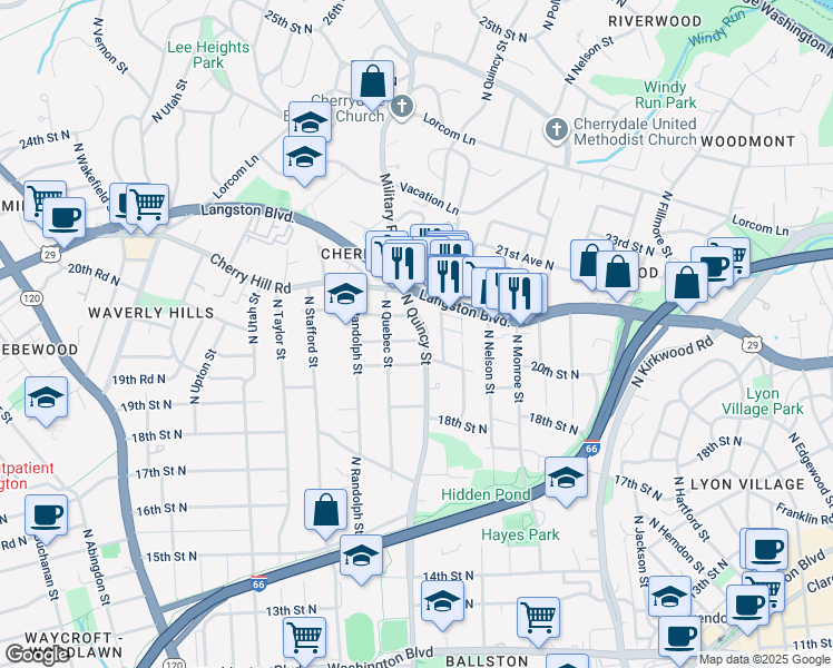 map of restaurants, bars, coffee shops, grocery stores, and more near 4007 20th Road North in Arlington
