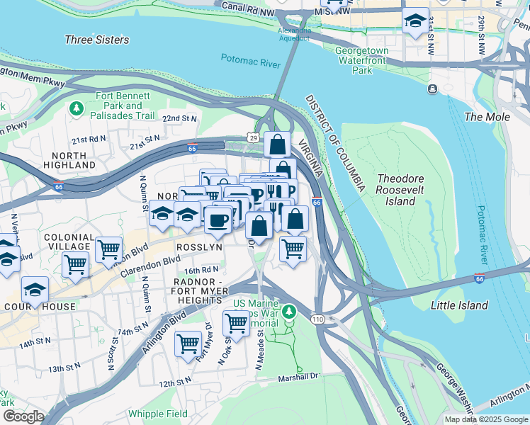 map of restaurants, bars, coffee shops, grocery stores, and more near 1201 Wilson Boulevard in Arlington