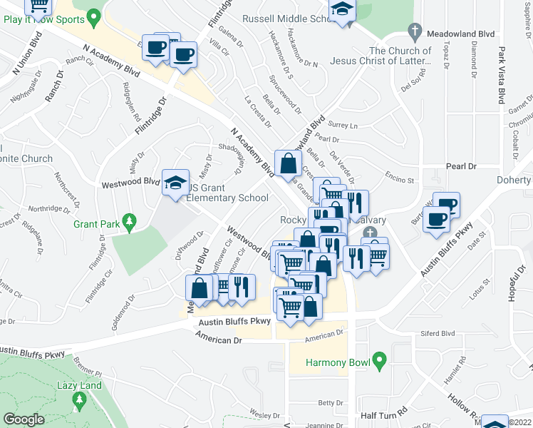 map of restaurants, bars, coffee shops, grocery stores, and more near 3714 Indianpipe Circle in Colorado Springs