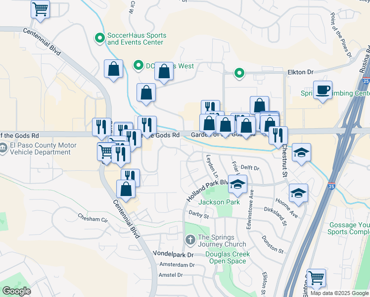 map of restaurants, bars, coffee shops, grocery stores, and more near 4301 Forrest Hill Road in Colorado Springs