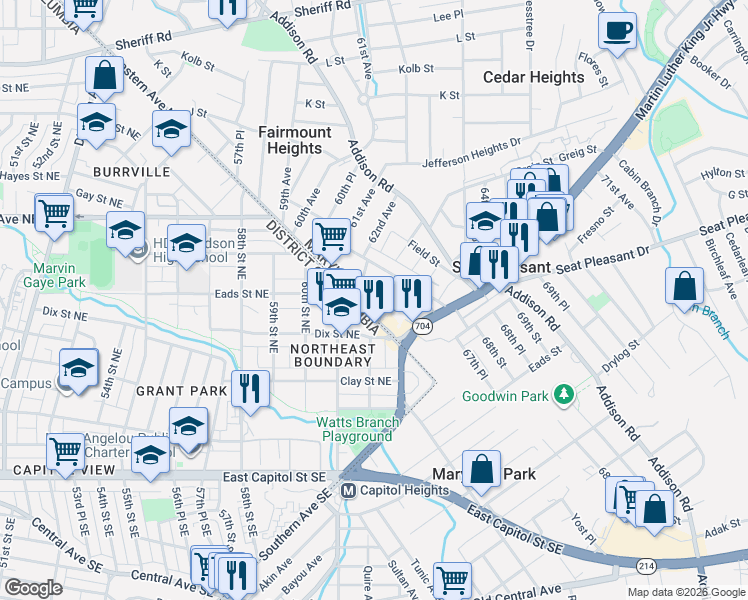 map of restaurants, bars, coffee shops, grocery stores, and more near 101 Independence Avenue Southeast in Washington